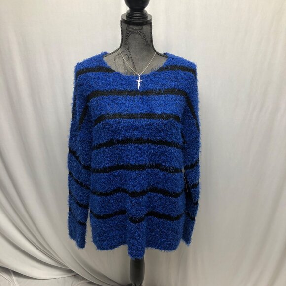 Relativity  Fuzzy Sweater Womens Size XL Blue Black Striped Soft Long Sleeve NEW - Picture 1 of 9